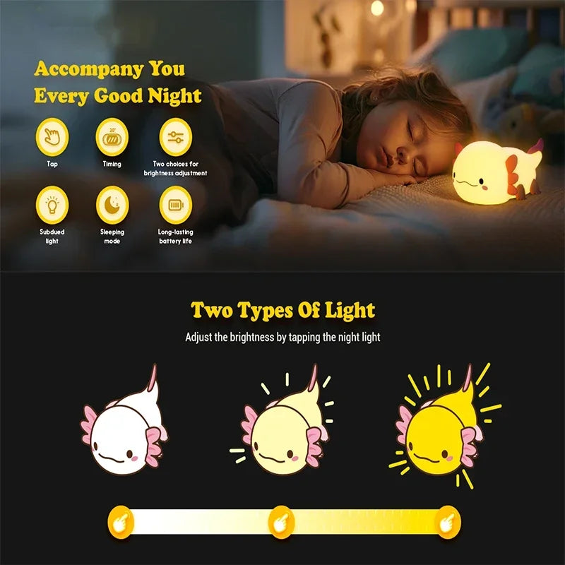 Adorable Axolotl Night Light  – Magical Comfort for Your Little One! Touch, charge, and enjoy the soft glow!