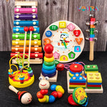 9 in 1 Wooden Montessori Toys Rattle Bell Drum Column Set Musical Instruments Sensory Early Baby Toy